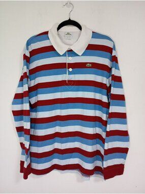 Lacoste Polo Shirt Long-Sleeve Striped Size L 100% Cotton Blue/Red/White Mens